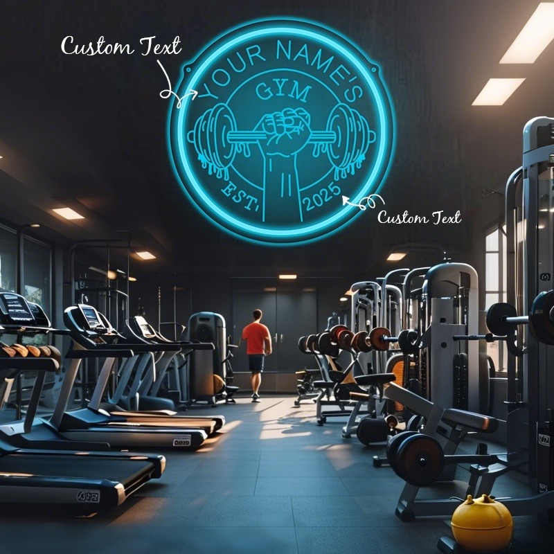 Home Gym Interior Design - カスタムLEDジムネオンサインバーベルダンベルUSB壁飾りホームジムフィットネスクラブパーソナライズネームイヤースポーツジムアクセサリー