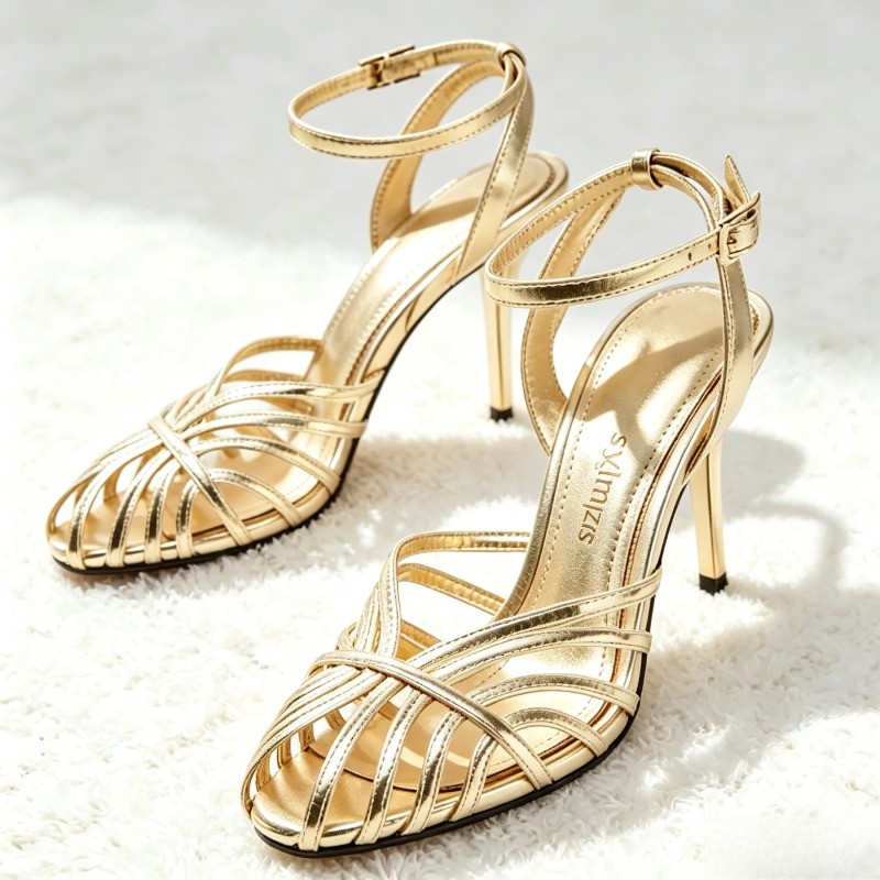 Ankle Strap Attachment - セクシーなゴールドのホロー細バンドハイヒールサンダル、レディースファッションアンクルストラップバックル付き細ヒールデザイナーズシューズ、エレガントなディナードレスシューズ