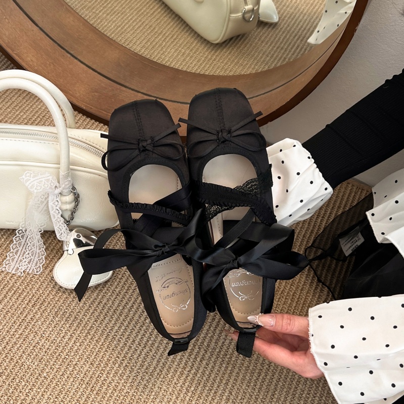 新作春快適レースアップバレエスクエアトゥローカットフラットシ - Ankle Strap Attachment のレビューと価格